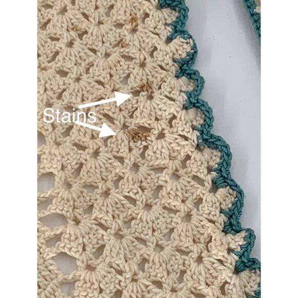 Vintage Crochet Apron Retro Striped Green Pink White Handmade Scalloped Bottom - Picture 2 of 8